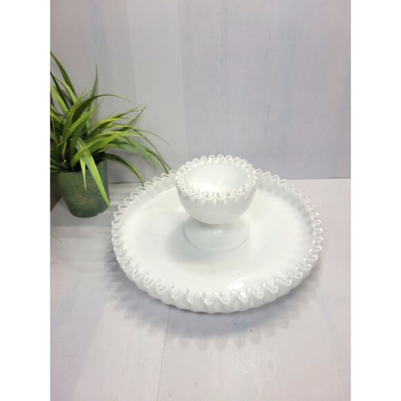 Vintage Fenton Milk Glass Silver Crest  Chip & Dip Set - Picture 1 of 6